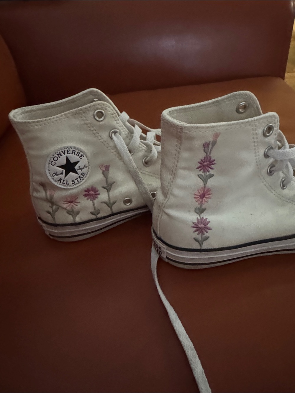 Converse White High Top Sneakers with Pink Floral Embroidery